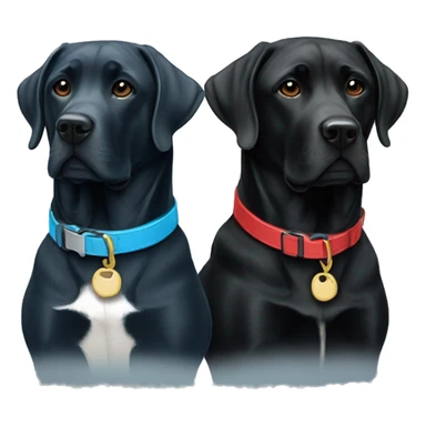 two dogs looking to the right. both black labradors, one with a red colour and the other with a light blue collar sticker
