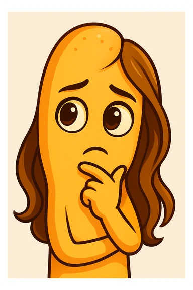 Create a cartoon style emoji in the shape of a breadstick with a thoughtful expression inspired by the person in the reference photo: large eyes, reflective gaze, closed mouth, soft features, and long stylized hair flowing down the sides. Use warm colors in a cartoon style. sticker