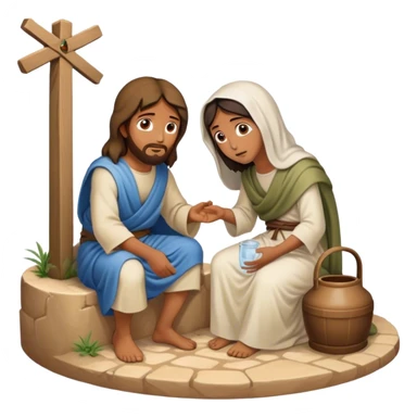 Había un pozo en medio de un camino polvoriento. Un día caluroso, Jesús de Nazaret se sentó junto al pozo para descansar. Una mujer samaritana se acercó al pozo con su cántaro. Jesús, con su voz amable, le dijo: "¿Me das un poco de agua para beber?" La mujer, se quedo extrañada sticker