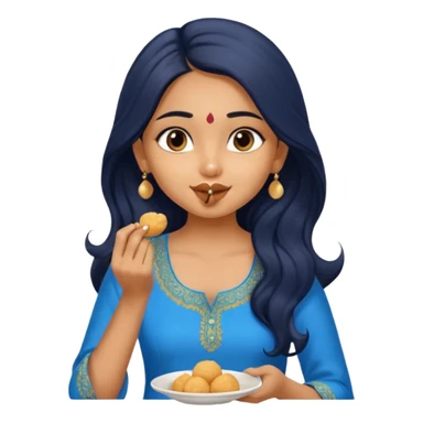 a pretty tan indian bratz girl. eyeliner on, wearing a blue kurti, eating golgappa. NO SPOON. wavy long BLACK coloured hair sticker