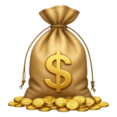 sack of money with a play icon printed on it, no dollar sign, coins stacked beside sticker