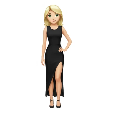 Blonde woman, Green eyes,Long black tight sleveless Dress, Slot left leg sticker