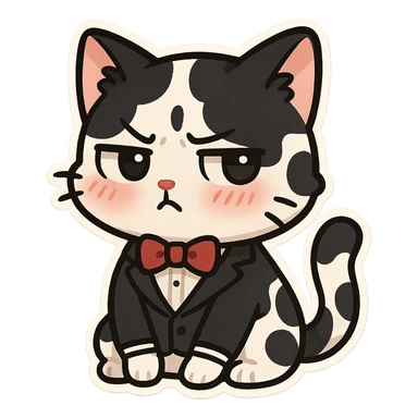 Make a cow cat into a cat in a tuxedo, with black and white fur and a tsundere, cute expression. Keep it in a playful chibi sticker style with no background. sticker