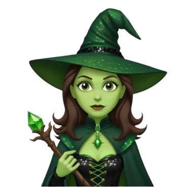 The Wicked Witch from Oz with long brown hair, green skin, black sequin outfit sticker