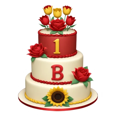 A large three teir cake with first mayer decorated with roses, second with Sunflowers and third with Tulips and Happy Birthday Dear written on top. sticker