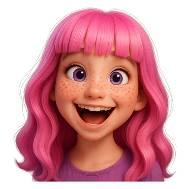 Redraw this character in a 3D Disney style with a joyful laughing expression, keeping the pink hair, purple eyes, and freckles. Reference the original likeness. The style should reflect a vibrant, detailed 3D Disney animation look with expressive features and soft shading. sticker