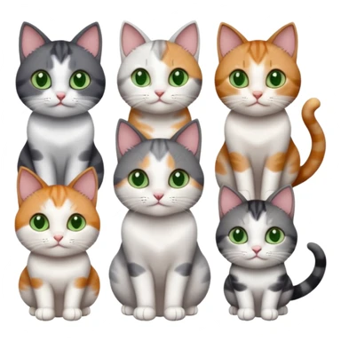 6 different coloured small cats including a dark grey and white, and a patchy calico, and a brown tabby and white,  and a completely solid dark grey with green eyes and only white paws sticker