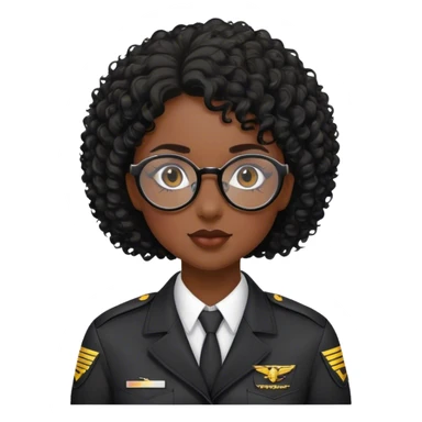 femme pilote d'avion en uniforme noir aux cheveux bouclés noir et petites lunettes arrondis  sticker