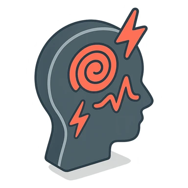 silhouette of a head or person with emphasis on the head area symbolizing headache, including pain icons such as lightning, pulse, red zone, or spiral, clear shadows and highlights, 2D isometric style sticker