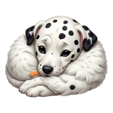 Meme-Worthy Cute Sleeping Spotted Dalmatian Portrait Emoji, Head resting peacefully with a contented smile, showcasing a delightfully majestic build and a luxuriously soft Fur of predominantly white with bold black patches, eyes shut in a serene nap, Simplified yet hilariously adorable features, highly detailed, glowing with a soft, drowsy light, high shine, relaxed and utterly lovable, stylized with an air of playful laziness, bright and heartwarming, soft glowing outline, capturing the essence of a comically sleepy guardian, so meme-worthy it feels like it could instantly become the next viral sensation of adorable slumber! sticker