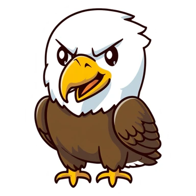 bald eagle with open beak from front view, white head, yellow beak sticker
