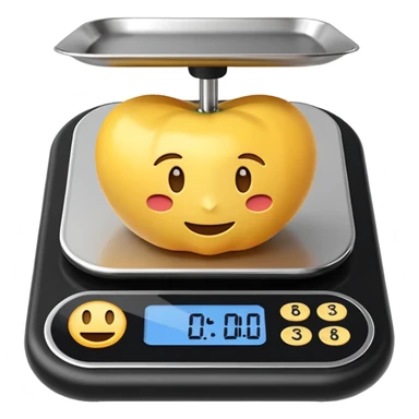 iOS-style 3D emoji: a small digital kitchen scale with a flat platform and an LCD screen displaying 0 g. sticker