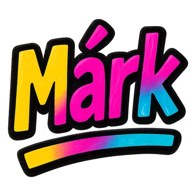 Márk name in modern colorful gradient font with dark outline, dynamic slanted or partial underline, transparent background, in the style of reference patterns sticker
