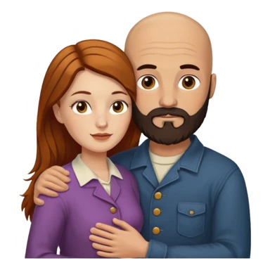 Couple. Bald man with dark brown-black beard. White woman with many small, faded freckles, she has white skin and she has auburn-yellow-brown-cinnamon, dark long hair. She has light brown eyes. The man have hazel eyes. Retro style. They hug. sticker