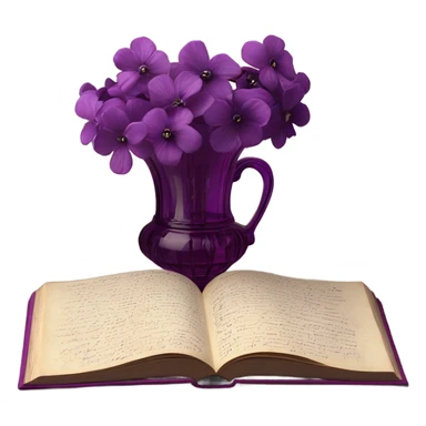 An aesthetic arrangement of a violet vintage book and dark magenta flowers in a light violet glass vase, surrounded by antique letters sticker