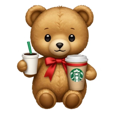 smooth texture teddy bear with red ribbon and starbucks coffee sticker