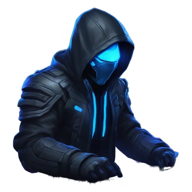 developer behind his laptop with this style : crysis Cyberpunk Riot Games Valorant neon glowing bright blue character blue black hooded assassin themed character sticker