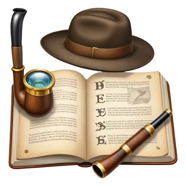 Icon for Detective Reading: an open book with text and a magnifying glass on the pages, a classic detective hat, and a pipe, surrounded by clues like footprints, a revolver, and a notepad. The icon should represent the mystery and intrigue of detective stories. Transparent background. sticker