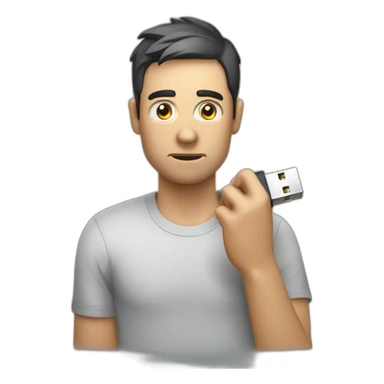 Man holding broken USB cable in his hand. Unhappy sticker