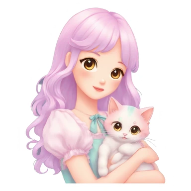 Gorgeous pastel anime style lady with blushing face and holding a kitten cottagecore fairycore pastelcore colorful pearly romantic simplistic aesthetic trending style sticker