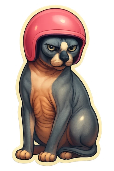 Canadian Sphynx cat with coloring as in the photo, sticker style, with a pink helmet sticker