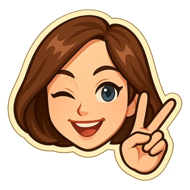 Create a head of a girl in the classic Telegram sticker style with cute facial features, resembling Samsung Sam, pale skin, only the head without the neck, on a white background. The girl is smiling, winking (one eye open, the other closed), and showing a V (peace) sign with her fingers. Pure cartoon style suitable for a Telegram bot profile. sticker
