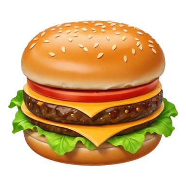 A classic single patty hamburger emoji,, glossy and colorful. Soft rounded bun with sesame seeds, one beef patty, fresh lettuce, tomato slice, melted cheese, realistic but cartoonish look, clean white background sticker