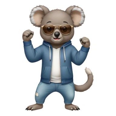 anthropomorphised koala, full body, wearing a hoodie and jeans, dark sunglasses, shaking fist in a different pose sticker