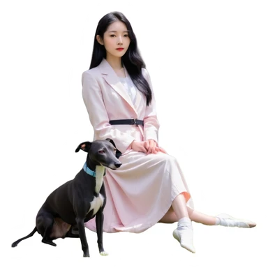 A beautiful 25-year-old Chinese woman with long black hair and a pure dark grey Italian Greyhound with absolutely NO white markings anywhere on its body sitting under a cherry blossom tree. The dog must be completely solid dark grey with no white on muzzle, paws, or chest. sticker