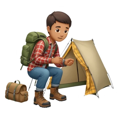 A man wearing a flannel shirt and backpack, setting up a tent with focused hands sticker