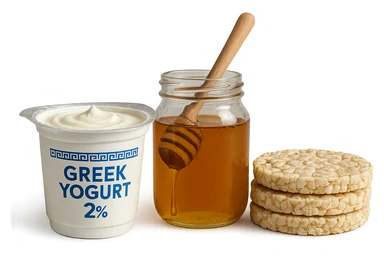 Yogurt Greco 2%
Miele
Gallette di Riso
vista frontale, iperrealistico 4k sticker