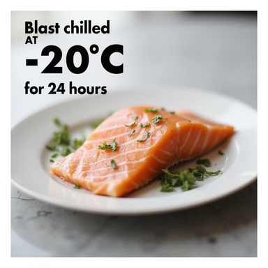 realistic 4K infographic style image of raw salmon on a plate with an icon or label indicating 'blast chilled at -20°C for 24 hours' sticker