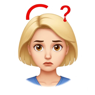 A woman with a confused facial expression, furrowed brow, and question mark above her head sticker