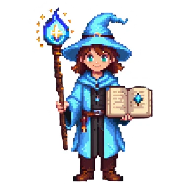 young wizard with magic wand and spellbook sticker