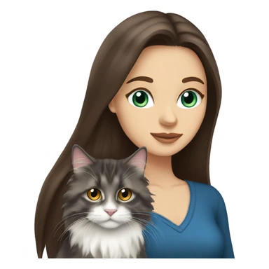 long straight haired blue eyed brunette woman holding norwegian forest cat with amber eyes sticker