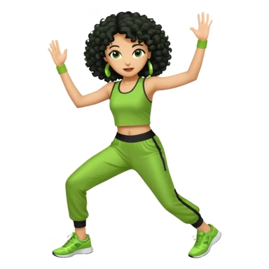 a woman with olive skin tone and curly black hair wearing green and dancing. full body, disco pose. running outfit sticker