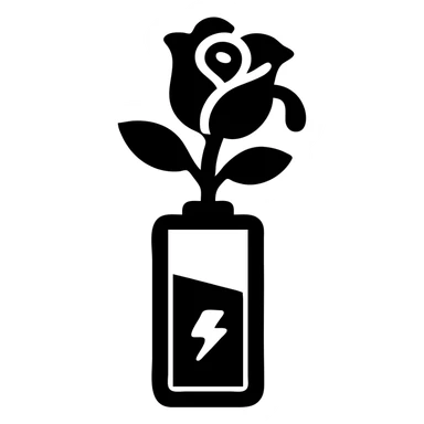 Battery shaped like a rose flower with wilting petals and low power indicator sticker