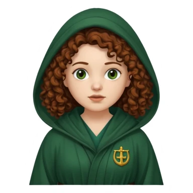 A white woman with a chubby face, with long dark auburn hair, cloaked and hooded like she's a Traitor in the tv show 'The Traitors'. her hair is frizzy curly, not with defined curls, and the robe is a very dark green/almost black color sticker