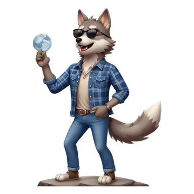 friendly anthropomorphised wolf in jeans and plaid shirt, wearing dark sunglasses, howling with the moon in the background, upright pose sticker
