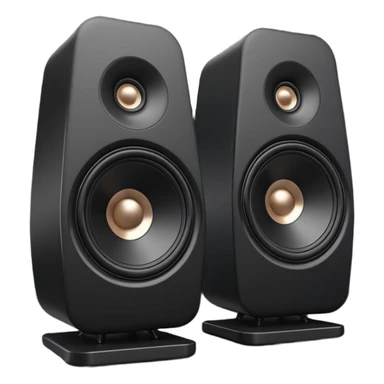 pair of big speakers emoji, deep matte black metal body, circular speaker cones with subtle depth, smooth rounded edges, minimalistic futuristic 3D style, luxury aesthetic sticker