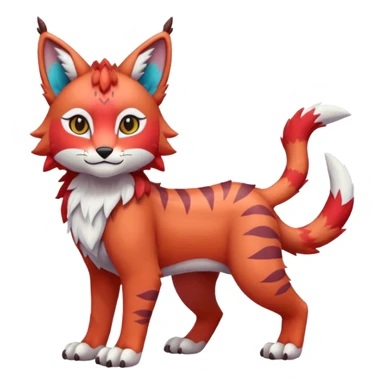 Colorful tropical reddish kawaii cute Lynx-Trico-Sergal-Wolf-Vernid-Fakémon-Pokémon-creature (full body) sticker