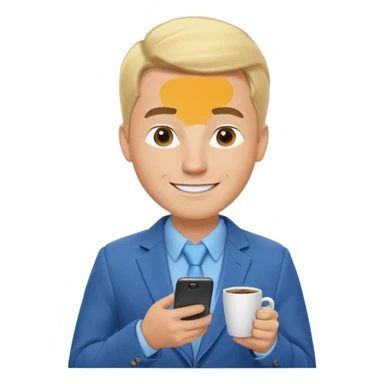 Confident and outgoing male entrepreneur, Caucasian features, blonde hair, big friendly smile, expressive eyes, defined eyebrows, wearing a blue blazer over a light blue shirt, holding a smartphone in one hand and a coffee cup in the other, waist-up, front-facing sticker