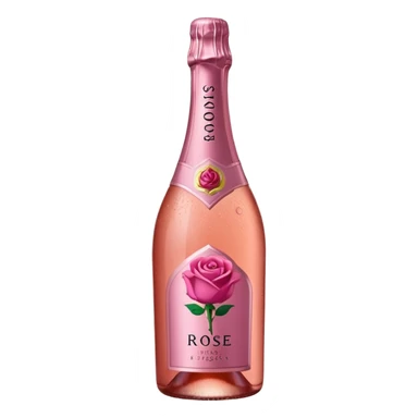 bottle of sparkling rosé with a rose logo on the label, angled to the left, no glass sticker