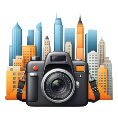 Icon for Urban Tourism: city skyline with iconic buildings, a camera and a backpack. The icon should represent the exploration of urban destinations, with elements like streets, landmarks, and vibrant city life. Transparent background. sticker