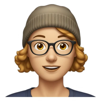 30 year old white woman short light brown hair with a beanie on her heard and glasses sticker