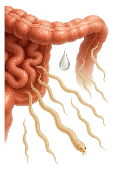 Realistic medical image of microscopic parasites leaving the intestines after taking natural kinesiological drops, symbolizing detox and cleansing. sticker