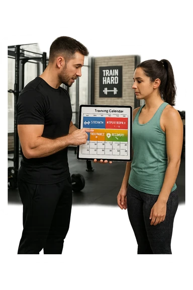 a personal trainer and a client stand in a modern gym, reviewing a large, color-coded training calendar or chart on a tablet. The calendar shows different phases (strength, hypertrophy, endurance, recovery) with icons and dates. Around them, gym equipment and motivational posters reinforce the idea of structured, periodized training. sticker