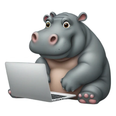 Hippo looking at a laptop sticker