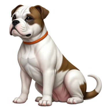 cinematic-[american bulldog]-realistic-full-body-sitting-emoji,-tail-resting-loosely-beside-its-paws,-head-tilted-dramatically,-sleek-[pied black]-fur,-simplified-yet-realistic-focused-features,-highly-detailed,-glowing-with-an-almost-sarcastic-glow sticker