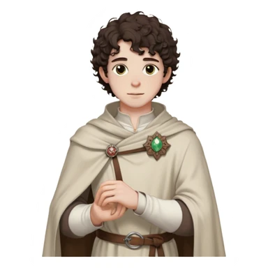 medieval spring outfit worn by a DnD themed fantasy male character. thin wool tunic with a light cloak draped over one shoulder, secured by a wooden brooch. clothes only above the waist. The clothes full waist. The character's haven't arms. character is white-skinned, dark brown hair, hazel eyes, short curly hair. sticker